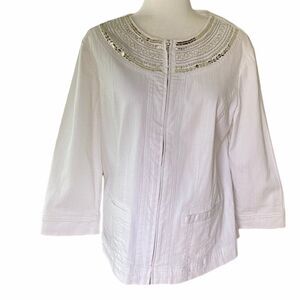 JM Collection Women’s White Cotton Jeweled Jacket SZ 14